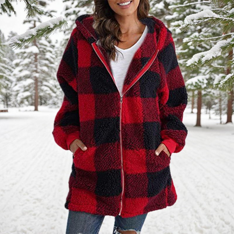 Winter Plush Jacket for Women, Plus Size Patchwork Hooded Outwear, Fashion Plaid and Striped Design, Long Sleeved