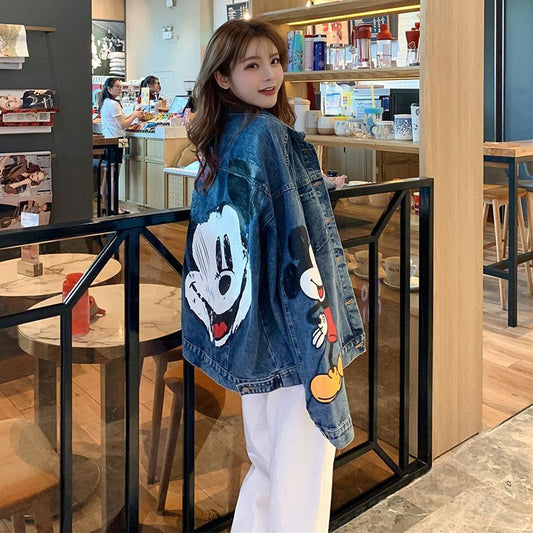 Womens Disney Denim Jacket, Loose Korean Style, Mickey Mouse Print, Large Size Fashion for Spring and Autumn