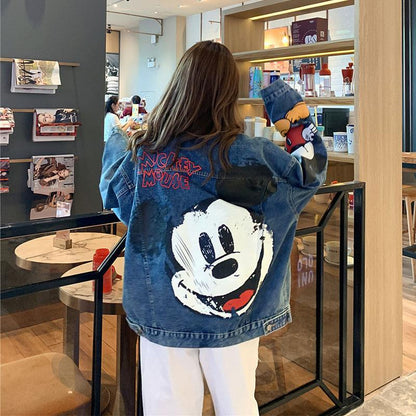 Womens Disney Denim Jacket, Loose Korean Style, Mickey Mouse Print, Large Size Fashion for Spring and Autumn