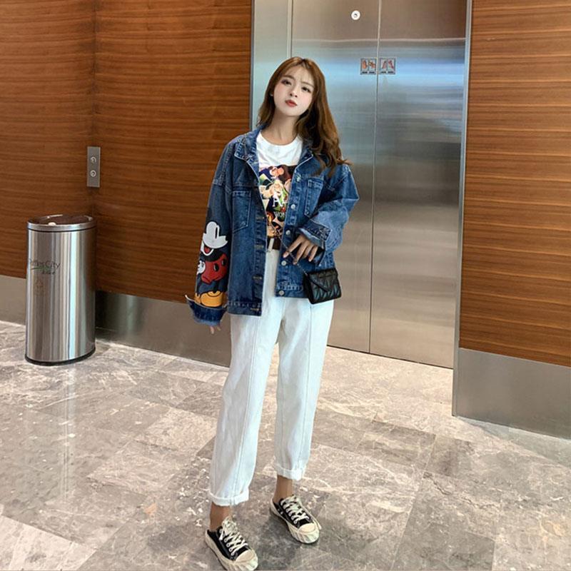 Womens Disney Denim Jacket, Loose Korean Style, Mickey Mouse Print, Large Size Fashion for Spring and Autumn