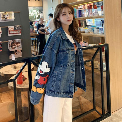 Womens Disney Denim Jacket, Loose Korean Style, Mickey Mouse Print, Large Size Fashion for Spring and Autumn