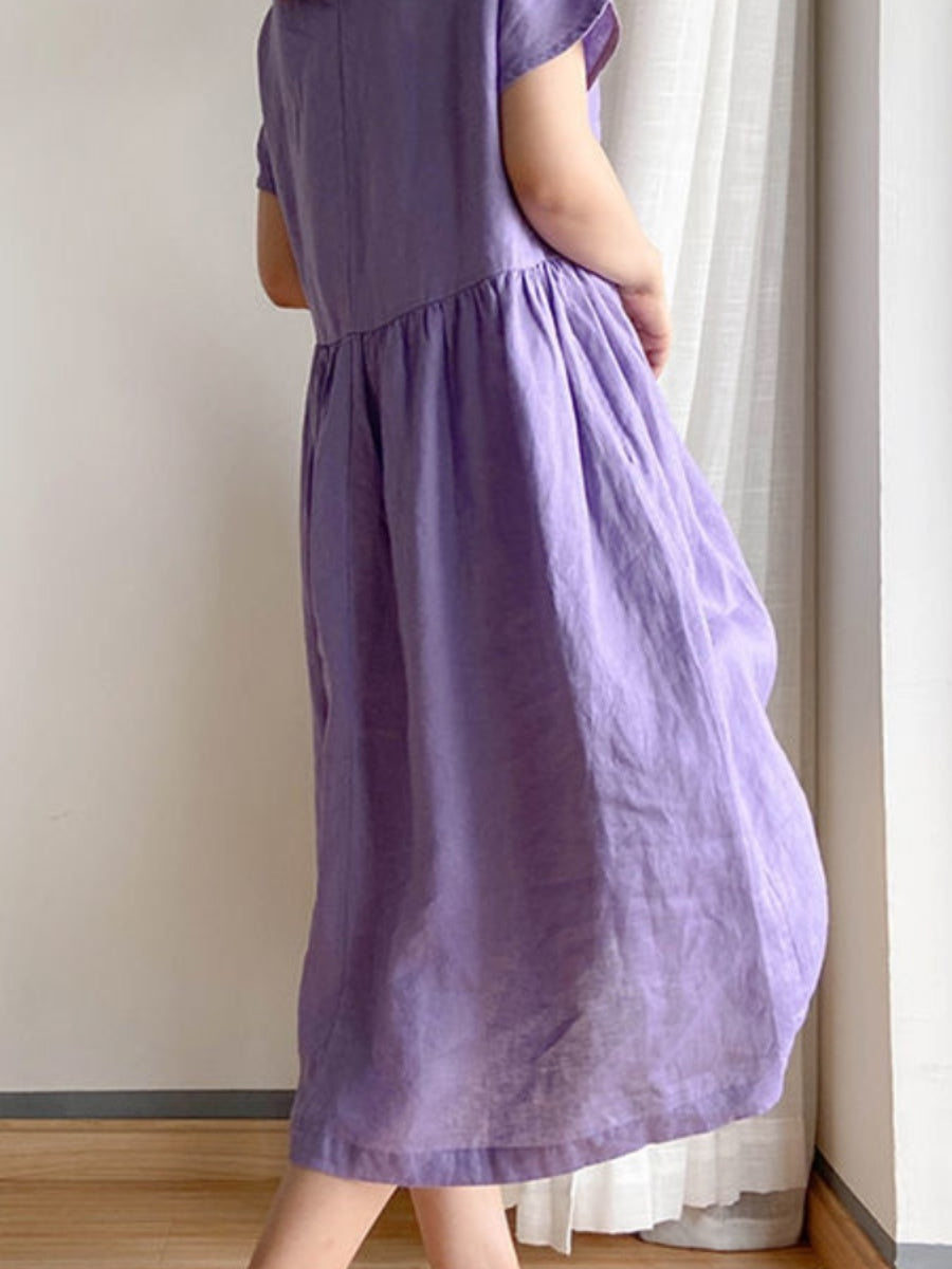 Summer Linen Midi Dress, Loose Fit, High Waist, A-Line, Short Sleeve