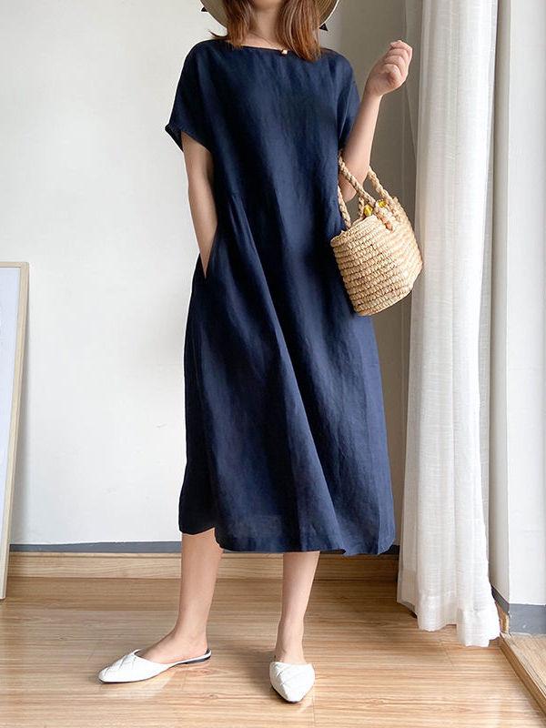 Summer Linen Midi Dress, Loose Fit, High Waist, A-Line, Short Sleeve