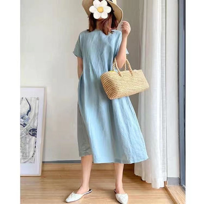 Summer Linen Midi Dress, Loose Fit, High Waist, A-Line, Short Sleeve