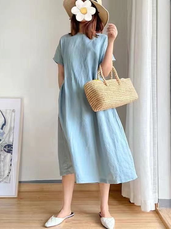 Summer Linen Midi Dress, Loose Fit, High Waist, A-Line, Short Sleeve
