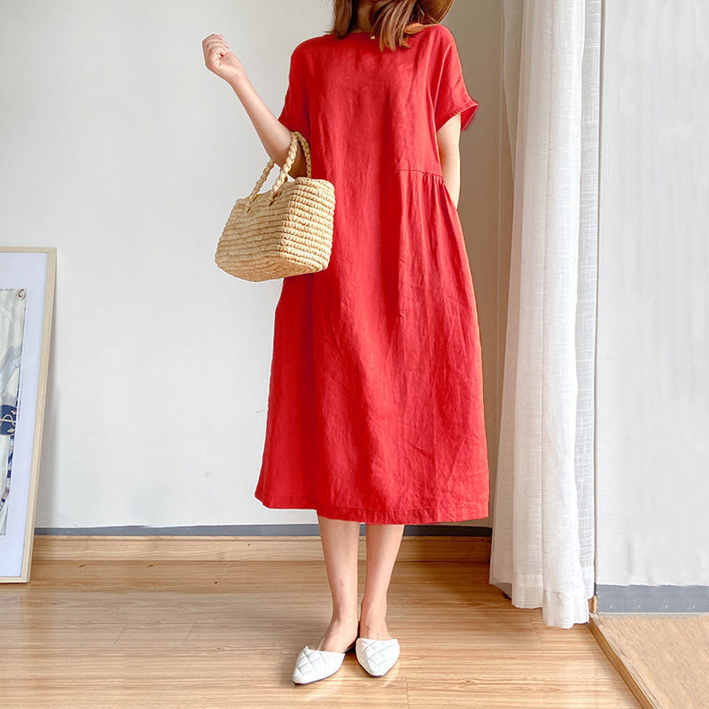 Summer Linen Midi Dress, Loose Fit, High Waist, A-Line, Short Sleeve