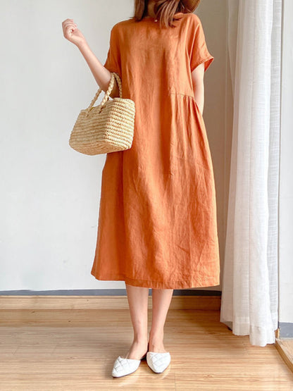 Summer Linen Midi Dress, Loose Fit, High Waist, A-Line, Short Sleeve