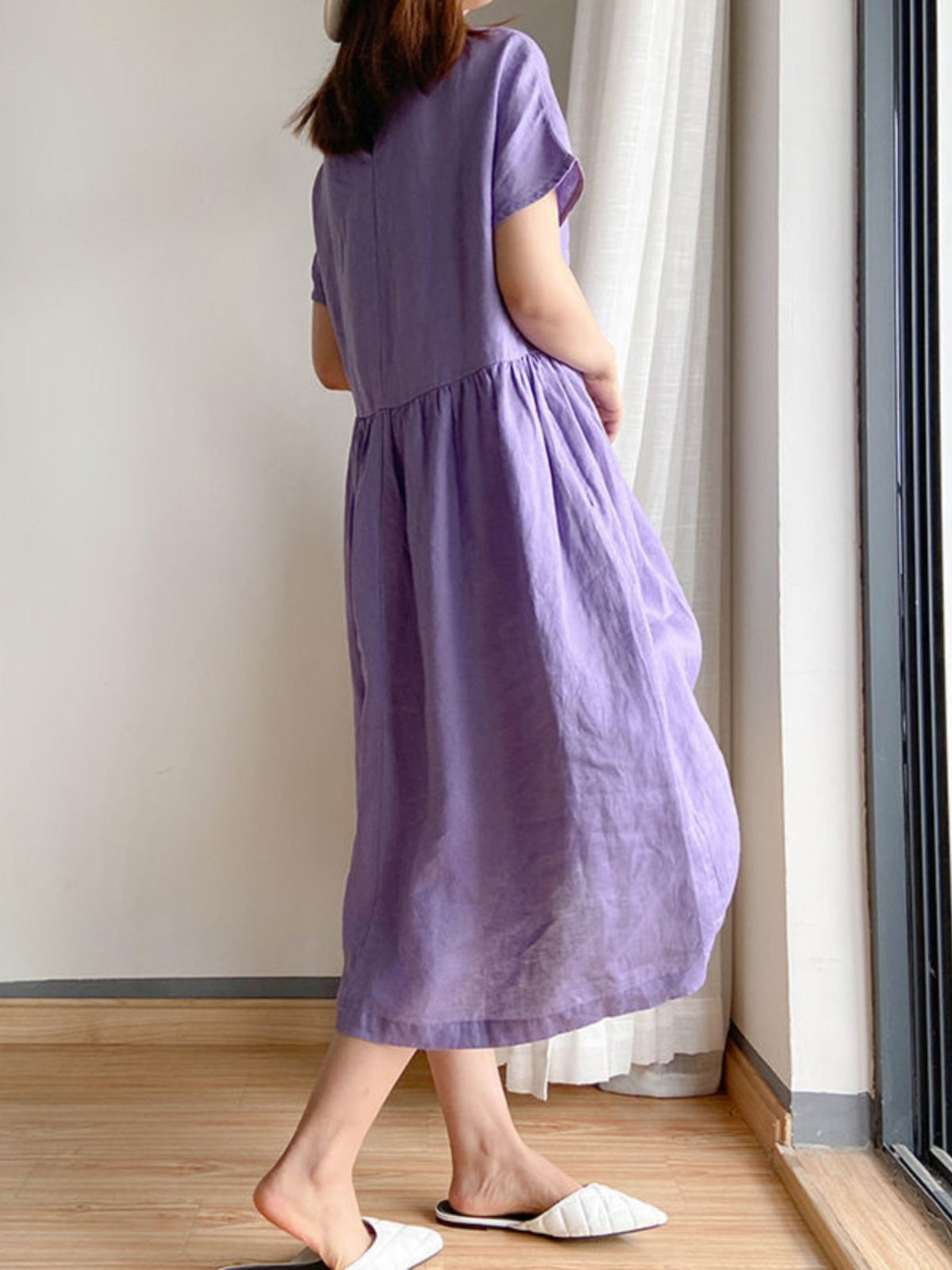 Summer Linen Midi Dress, Loose Fit, High Waist, A-Line, Short Sleeve