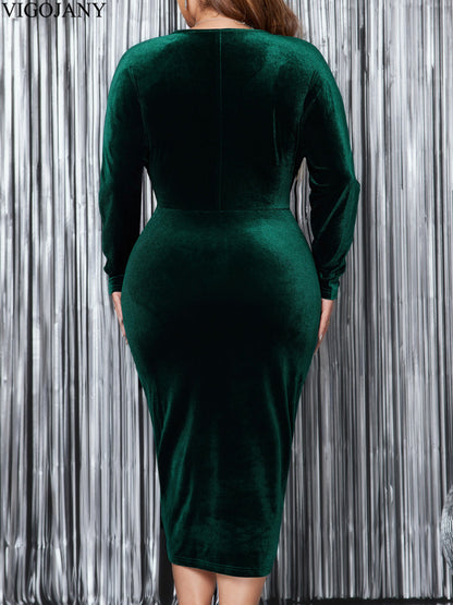 Elegant Green Velvet Dress, Plus Size Tight Bodycon, Long Sleeve Evening Party Dress for Women