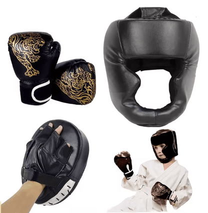MMA Boxing Gloves and Headgear Set for Kids and Adults Training Protection