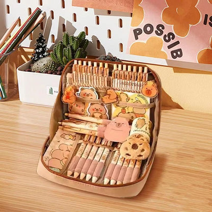CapyCharm Capybara Stationery Set – Cute Pencil Case with Pens, Rulers, Sticky Notes & Accessories for Students