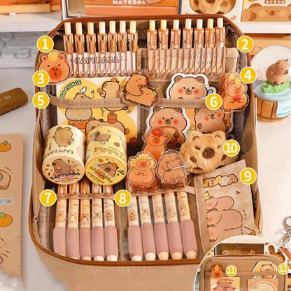 CapyCharm Capybara Stationery Set – Cute Pencil Case with Pens, Rulers, Sticky Notes & Accessories for Students