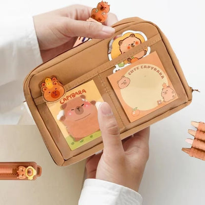 CapyCharm Capybara Stationery Set – Cute Pencil Case with Pens, Rulers, Sticky Notes & Accessories for Students