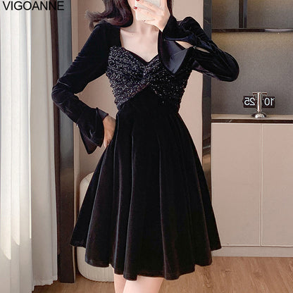 Elegant Korean Dress, Women Long Sleeve, Patchwork Velvet Dress, Crystal Evening Party, Tight Short Dress, Spring Autumn