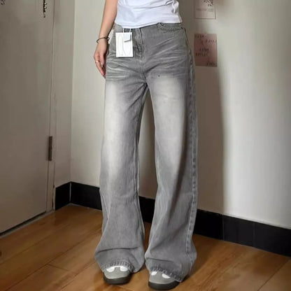 Vintage Wide Leg Jeans for Women, Grey American Style, Loose Fit Straight Leg Casual Pants, Draped