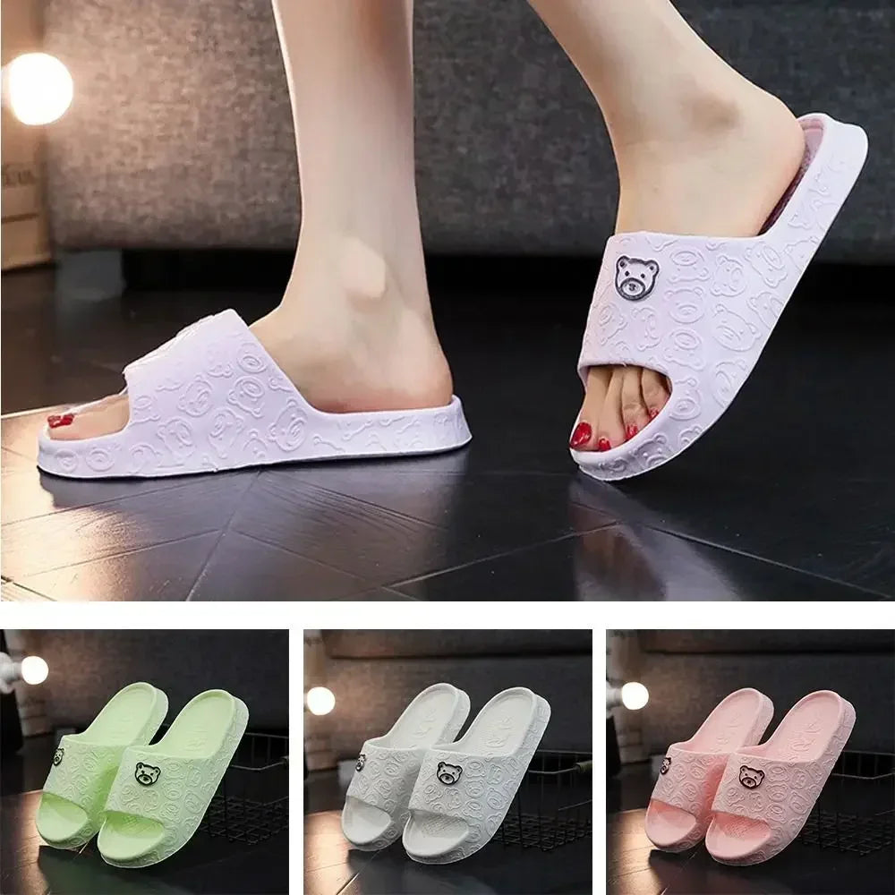 EVA Womens Slippers, Cute Bear Decoration, Lightweight Non-Slip Flat Slippers for Bathroom & Home Use, Ultra Soft