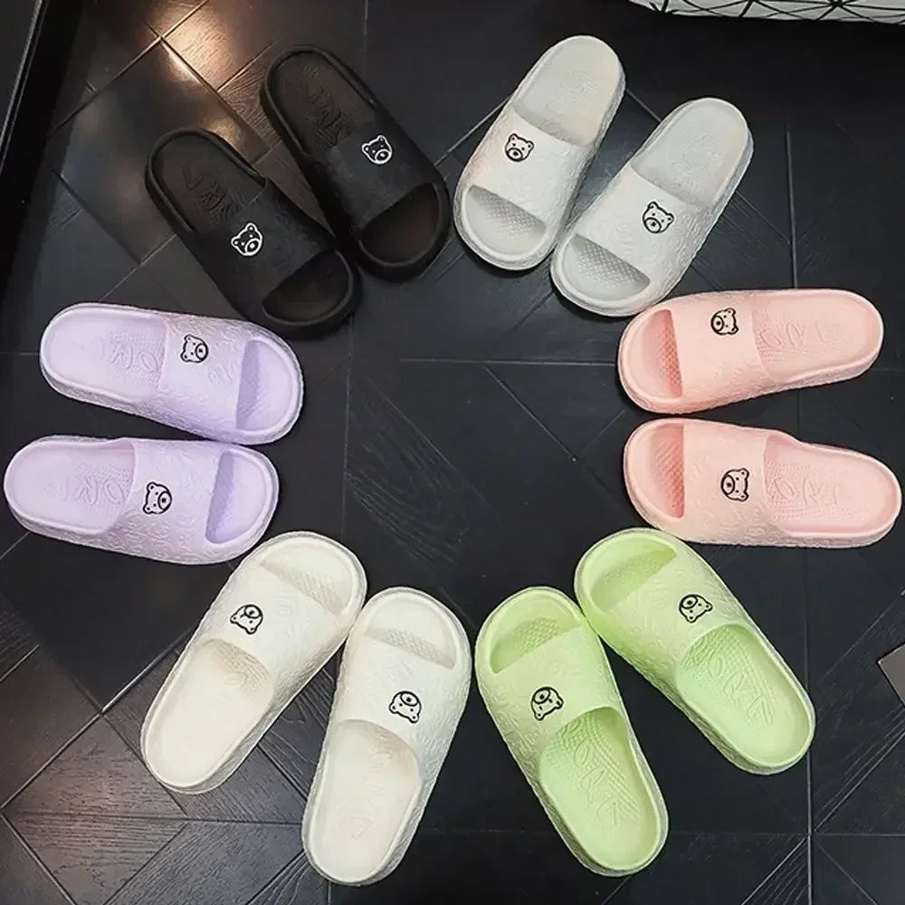 EVA Womens Slippers, Cute Bear Decoration, Lightweight Non-Slip Flat Slippers for Bathroom & Home Use, Ultra Soft