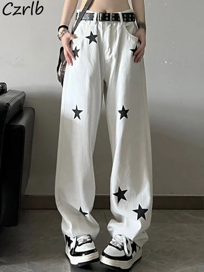 Women's Y2K Wide Leg Jeans, High Waisted Baggy Vintage Chic, Harajuku Streetwear, Unisex Casual All-Match Denim