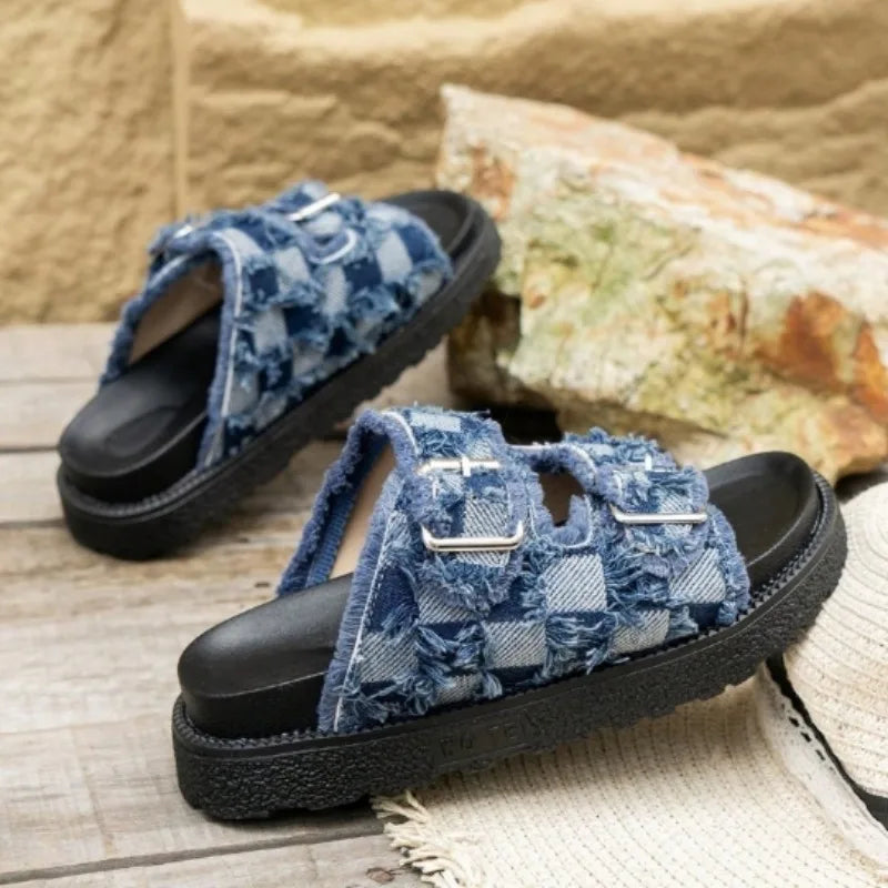 Summer Women Slippers Gladiator Style Platform Sandals, Flat Slingback Slides Beach Walking Shoes for Women