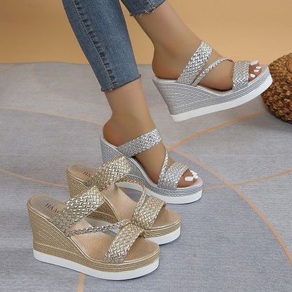 Womens Fashion Pearl Rhinestone Wedge Sandals, Summer Platform Slides, Elegant High Heel Casual Ladies Slippers