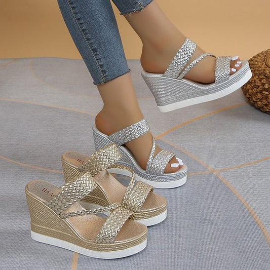 Womens Fashion Pearl Rhinestone Wedge Sandals, Summer Platform Slides, Elegant High Heel Casual Ladies Slippers