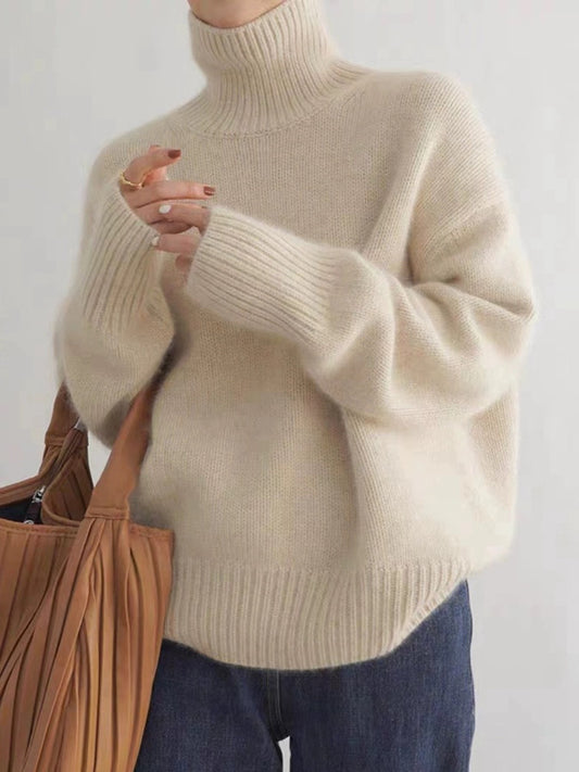 Women's Turtleneck Cashmere Sweater, 100% Pure Wool Knit, Loose Fit Pullover for Autumn Winter