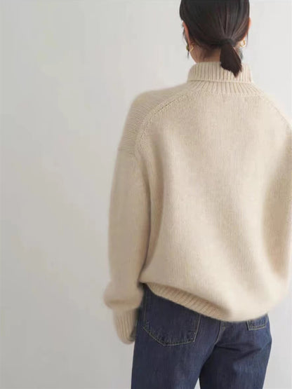 Women's Turtleneck Cashmere Sweater, 100% Pure Wool Knit, Loose Fit Pullover for Autumn Winter