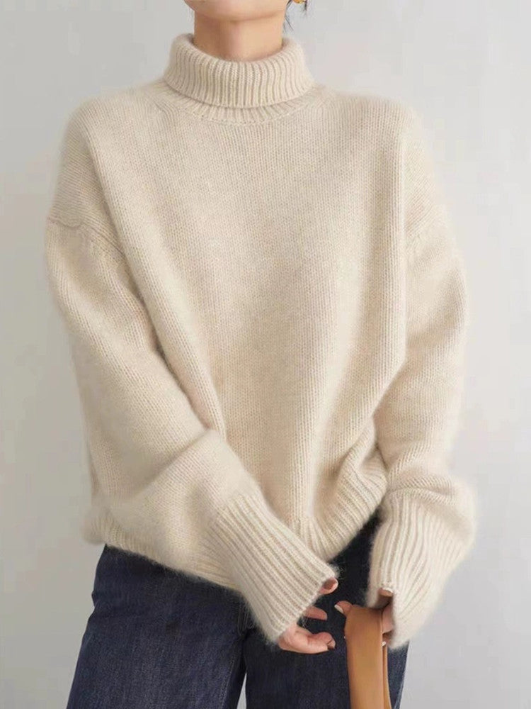 Women's Turtleneck Cashmere Sweater, 100% Pure Wool Knit, Loose Fit Pullover for Autumn Winter