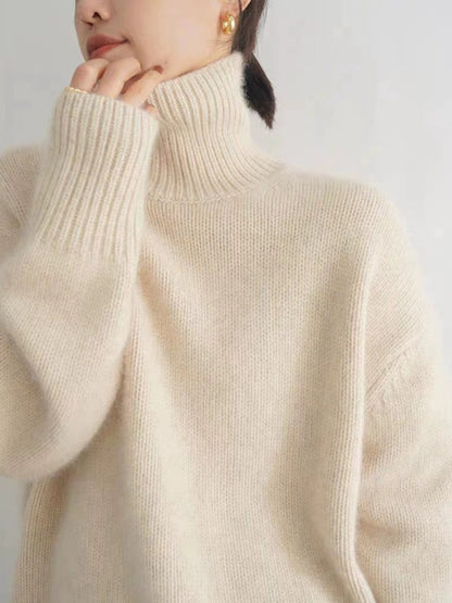 Women's Turtleneck Cashmere Sweater, 100% Pure Wool Knit, Loose Fit Pullover for Autumn Winter