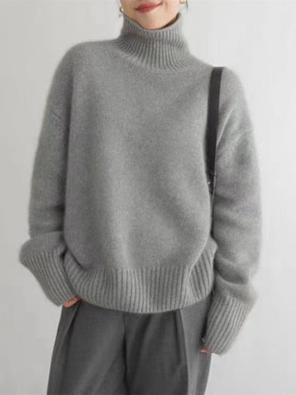 Women's Turtleneck Cashmere Sweater, 100% Pure Wool Knit, Loose Fit Pullover for Autumn Winter