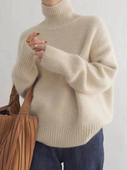 Women's Turtleneck Cashmere Sweater, 100% Pure Wool Knit, Loose Fit Pullover for Autumn Winter