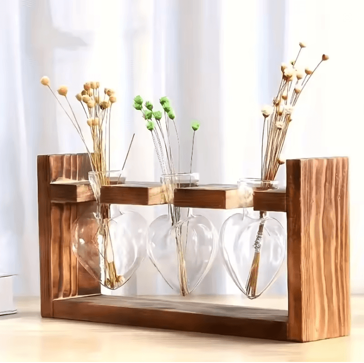 HeartBloom Glass Vase with Wooden Stand for Hydroponic Plant Propagation and Home Decor