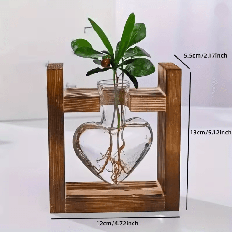 HeartBloom Glass Vase with Wooden Stand for Hydroponic Plant Propagation and Home Decor