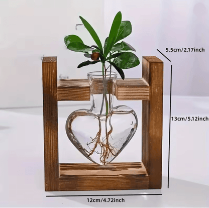 HeartBloom Glass Vase with Wooden Stand for Hydroponic Plant Propagation and Home Decor