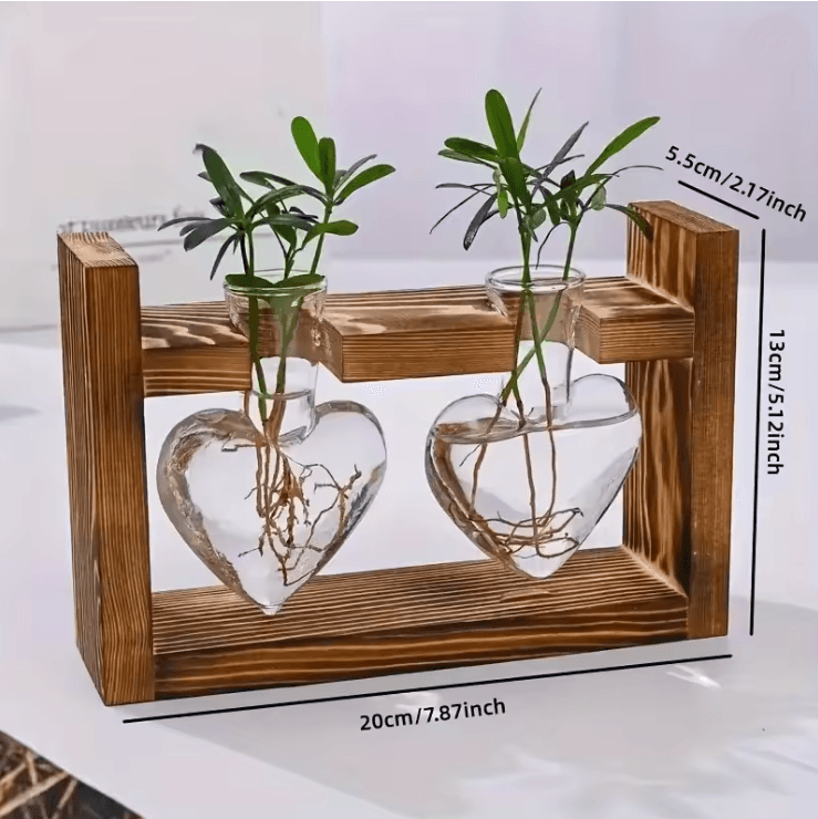 HeartBloom Glass Vase with Wooden Stand for Hydroponic Plant Propagation and Home Decor