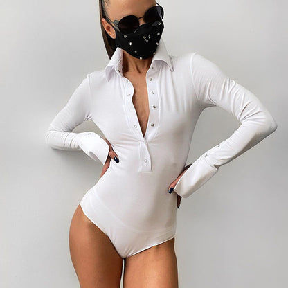 Womens Slimming Jumpsuit, Polo Collar, Long Sleeve, Solid Color Fashion, Spring Autumn Casual Wear