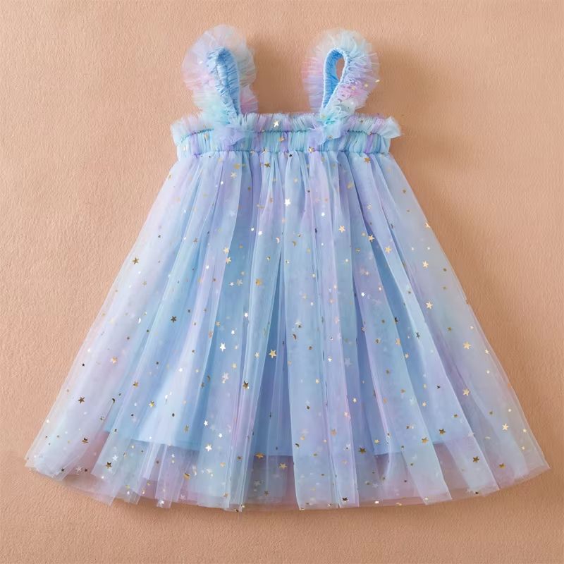 Sweet Summer Princess Sequin Dress – Flying Sleeve Bow Party Dress for Baby Girls (2–6 Years)