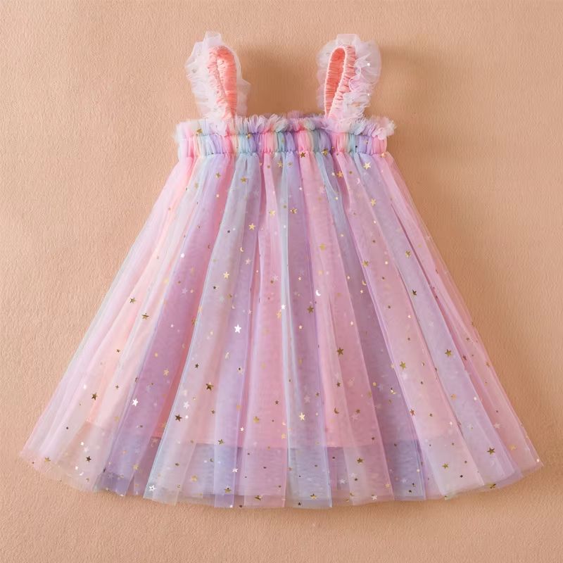 Sweet Summer Princess Sequin Dress – Flying Sleeve Bow Party Dress for Baby Girls (2–6 Years)
