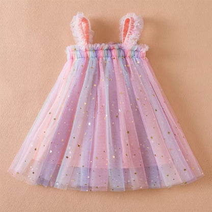 Sweet Summer Princess Sequin Dress – Flying Sleeve Bow Party Dress for Baby Girls (2–6 Years)