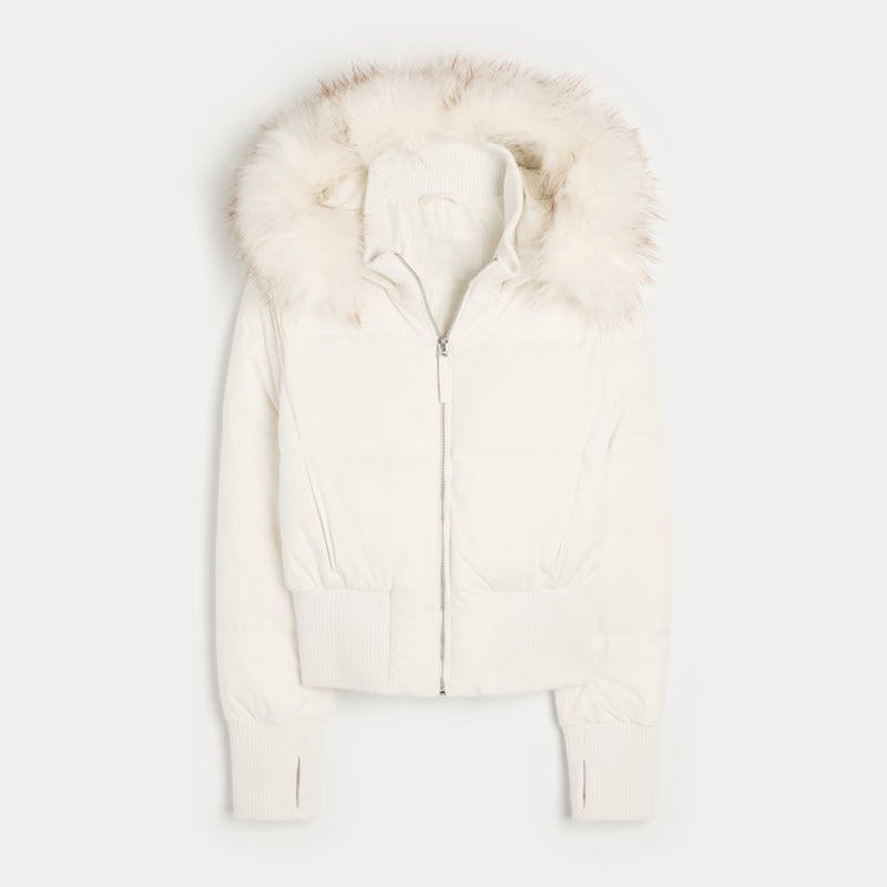 Womens Faux Fur Hooded Jacket, Quilted Cropped Coat, Winter Fashion Outerwear with Zipper Pockets