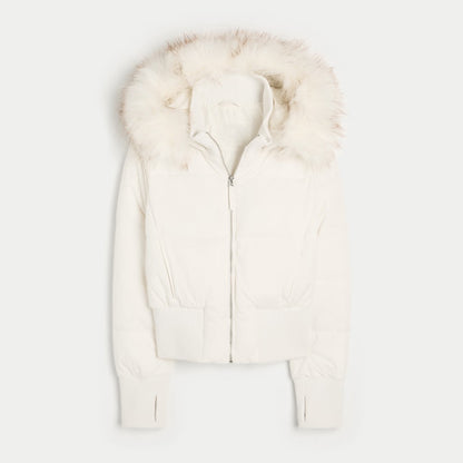 Womens Faux Fur Hooded Jacket, Quilted Cropped Coat, Winter Fashion Outerwear with Zipper Pockets