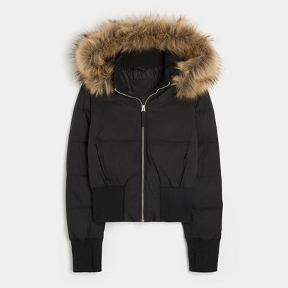 Womens Faux Fur Hooded Jacket, Quilted Cropped Coat, Winter Fashion Outerwear with Zipper Pockets