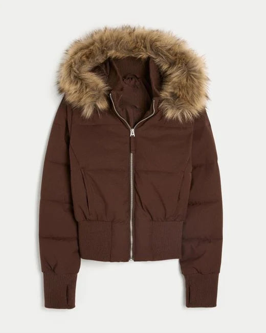Womens Faux Fur Hooded Jacket, Quilted Cropped Coat, Winter Fashion Outerwear with Zipper Pockets