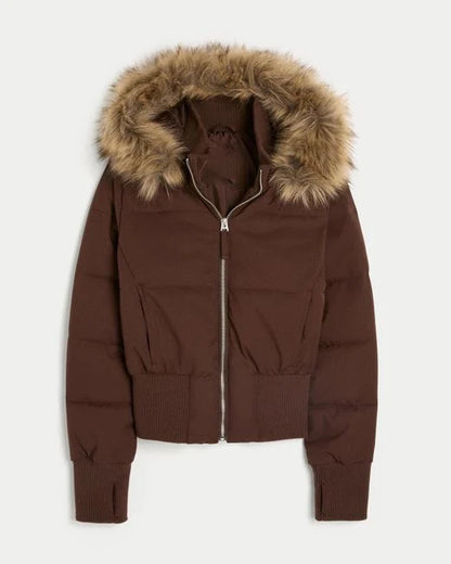 Womens Faux Fur Hooded Jacket, Quilted Cropped Coat, Winter Fashion Outerwear with Zipper Pockets