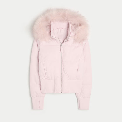 Womens Faux Fur Hooded Jacket, Quilted Cropped Coat, Winter Fashion Outerwear with Zipper Pockets