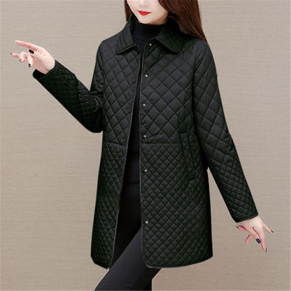 Fashion Plaid Quilted Coat, Women Autumn Winter Jacket, Solid Casual, Thicken Warm Long Sleeve Midi Coat