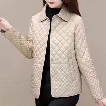 Fashion Plaid Quilted Coat, Women Autumn Winter Jacket, Solid Casual, Thicken Warm Long Sleeve Midi Coat