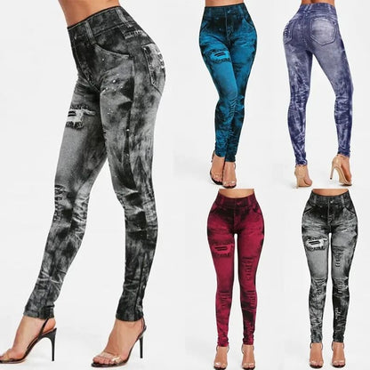 Women Imitation Jeans Stretch Leggings High Waist Slim Fit Pants