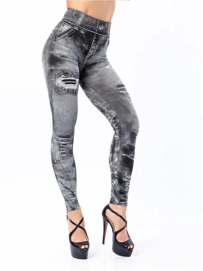 Women Imitation Jeans Stretch Leggings High Waist Slim Fit Pants