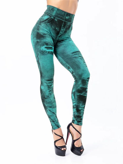 Women Imitation Jeans Stretch Leggings High Waist Slim Fit Pants